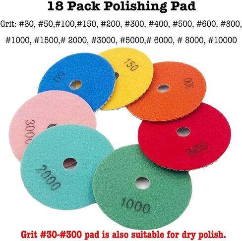 18pcs 4 inch Polishing Pad, Diamond Polishing Pad Kit with M14 Back Pad for Stone Marble Granite Polisher, Wet & Dry 30-10000 Grit Polishing Pad for Quartz Tile, Hook & Loop Design in Saudi Arabia
