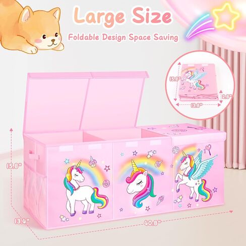 Mabahoo Extra Large Toy Box Chest, Collapsible Toy Storage Organizer with Lids, 40"X14"X16" Sturdy Large Kids Toy Storage Bins Boxes Baskets for Girls, Boys, Nursery, Playroom, Pink | Sturdy Large Toy Storage Organizer Bins with Dividers, Toybox for Kids  in Saudi Arabia