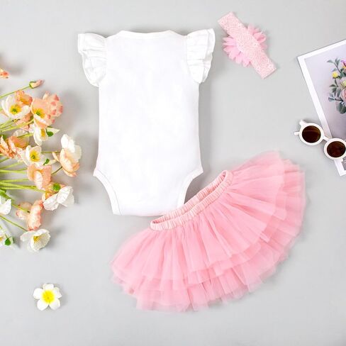 LYSMuch 0-24M Baby Girls Outfit Set Tutu Skirt with Diaper Cover Ruffle Sleeve Bodysuit Flower Headband in Kuwait