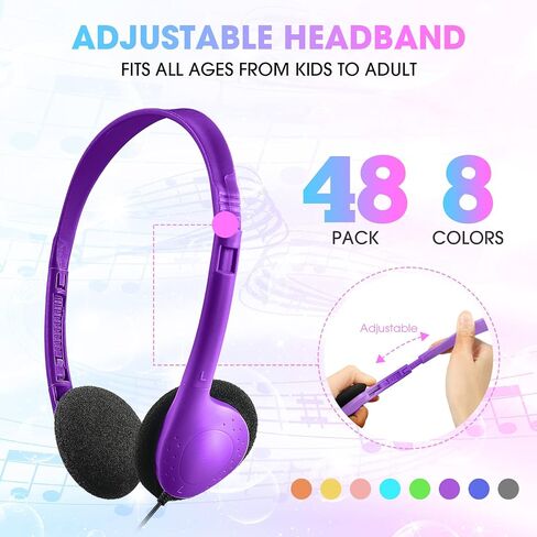 48 Pack Classroom Headphones Bulk Colorful Student Headphones Adjustable Headphone with 3.5 mm Plug Comfortable Library Headphone for Kid Adult School Classroom Museum Testing Airplane, 8 Colors in Saudi Arabia