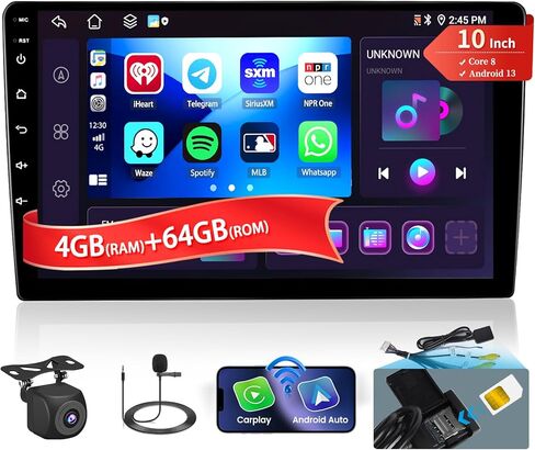 Fuluku[8 Core 4+64GB] ستيريو سيارة مزدوج Din Android 13 مع WiFi، يدعم بطاقة SIM 4G، راديو Android 10.1 بوصة مع Carplay اللاسلكي Android Auto، EQ DSP، GPS، بلوتوث 5.0، AM/FM/RDS، كاميرا احتياطية in Saudi Arabia