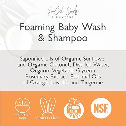SoCal Suds & Company - 2-in-1 Organic Foaming Baby Shampoo & Body Wash - Natural Botanical Castile Soap Baby Wash Sensitive Skin, Need for Newborn Nourishing Soothing Ingredients - Soft Citrus, 32oz in Saudi Arabia