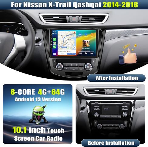 [4+64G] ستيريو سيارة 8-Core Android 13 لسيارة Nissan X-Trail Qashqai 2014-2018 مع Apple Carplay&Android Auto، راديو سيارة 10.1 بوصة مع وصلة مرآة بلوتوث FM/RDS WiFi GPS SWC EQ DSP+AHD كاميرا احتياطية in Saudi Arabia