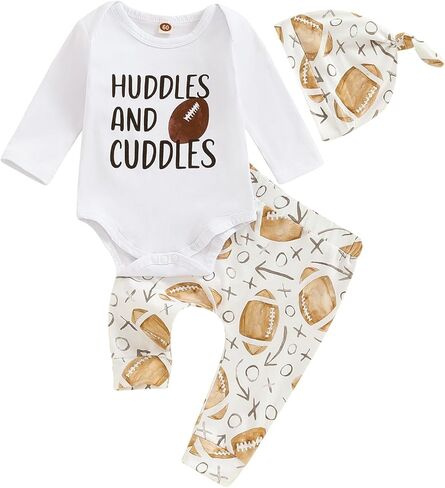 Canrulo Newborn Baby Boy Football Outfit Letter Print Long Sleeve Romper Football Elastic Pants Hat 3Pcs Set Fall Clothes in Saudi Arabia