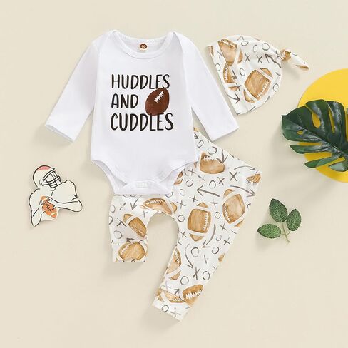 Canrulo Newborn Baby Boy Football Outfit Letter Print Long Sleeve Romper Football Elastic Pants Hat 3Pcs Set Fall Clothes in Saudi Arabia