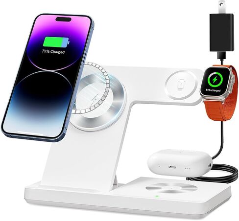 3 in 1 Charging Station for Multiple Devices,Magnetic Mag-Safe Wireless Charger for iWatch & Airpods，Foldable Charging Stand Dock for iPhone 16-12 Series with Adapter(White) in Saudi Arabia