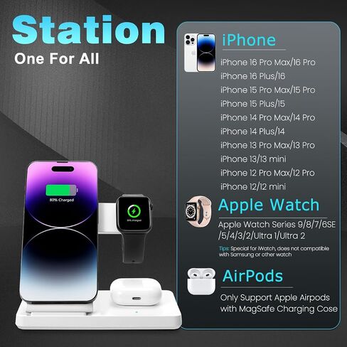3 in 1 Charging Station for Multiple Devices,Magnetic Mag-Safe Wireless Charger for iWatch & Airpods，Foldable Charging Stand Dock for iPhone 16-12 Series with Adapter(White) in Saudi Arabia