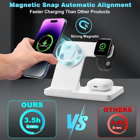 3 in 1 Charging Station for Multiple Devices,Magnetic Mag-Safe Wireless Charger for iWatch & Airpods，Foldable Charging Stand Dock for iPhone 16-12 Series with Adapter(White) in Saudi Arabia