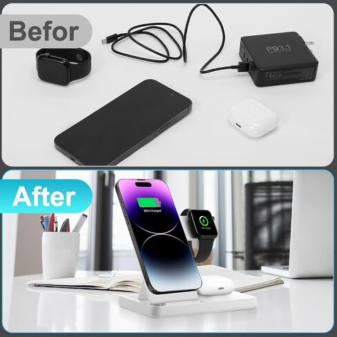 3 in 1 Charging Station for Multiple Devices,Magnetic Mag-Safe Wireless Charger for iWatch & Airpods，Foldable Charging Stand Dock for iPhone 16-12 Series with Adapter(White) in Saudi Arabia