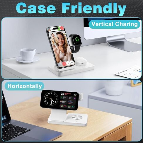 3 in 1 Charging Station for Multiple Devices,Magnetic Mag-Safe Wireless Charger for iWatch & Airpods，Foldable Charging Stand Dock for iPhone 16-12 Series with Adapter(White) in Saudi Arabia