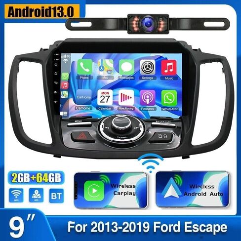 [4G+64G] ستيريو سيارة مزدوج Din Android 13.0 لـ Fo-rd Escape 2013-2019 9 بوصة HD شاشة تعمل باللمس سيارة صوت الوسائط المتعددة مع CarPlay Android Auto w/WiFi GPS Radio Navigation Bluetooth Camera Mic in Kuwait
