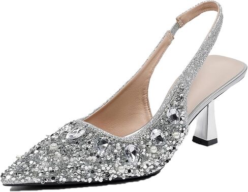 Women'S Sparkly Rhinestone Kitten Heeled Slingback Pumps with Ankle Strap Slip-On Stiletto Heels Closed Pointed Toe Sandals Popular Formal Party Wedding Dating Dress Shoes in Saudi Arabia
