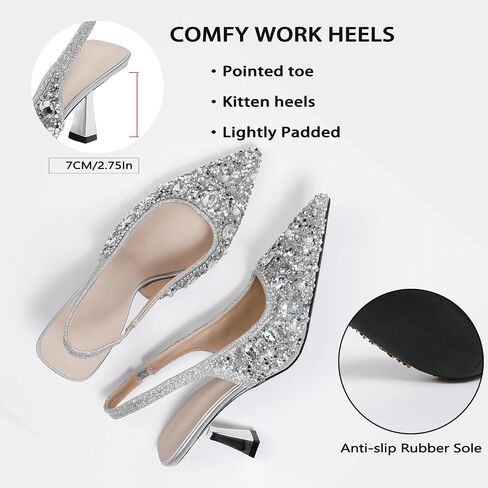 Women'S Sparkly Rhinestone Kitten Heeled Slingback Pumps with Ankle Strap Slip-On Stiletto Heels Closed Pointed Toe Sandals Popular Formal Party Wedding Dating Dress Shoes in Saudi Arabia