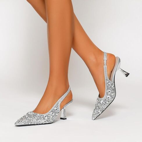 Women'S Sparkly Rhinestone Kitten Heeled Slingback Pumps with Ankle Strap Slip-On Stiletto Heels Closed Pointed Toe Sandals Popular Formal Party Wedding Dating Dress Shoes in Saudi Arabia