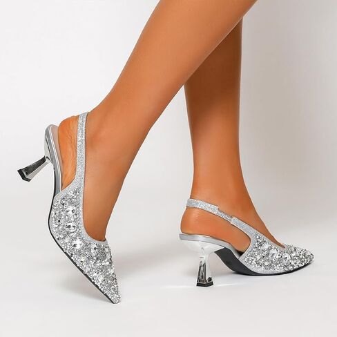 Women'S Sparkly Rhinestone Kitten Heeled Slingback Pumps with Ankle Strap Slip-On Stiletto Heels Closed Pointed Toe Sandals Popular Formal Party Wedding Dating Dress Shoes in Saudi Arabia