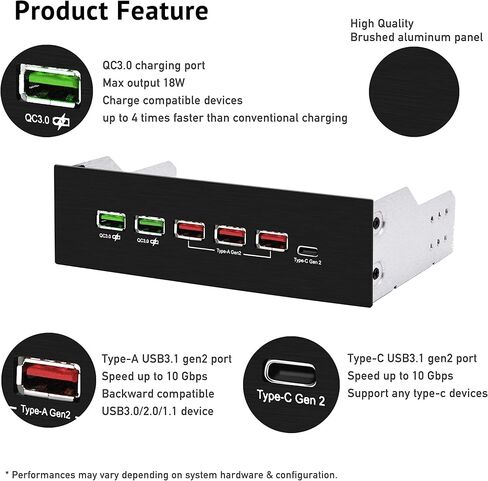 EZDIY-FAB 5.25in 10Gbps USB 3.1 Gen2 Hub ومنفذ Type-C، لوحة وصل USB أمامية مع QC 3.0 شحن سريع in Kuwait