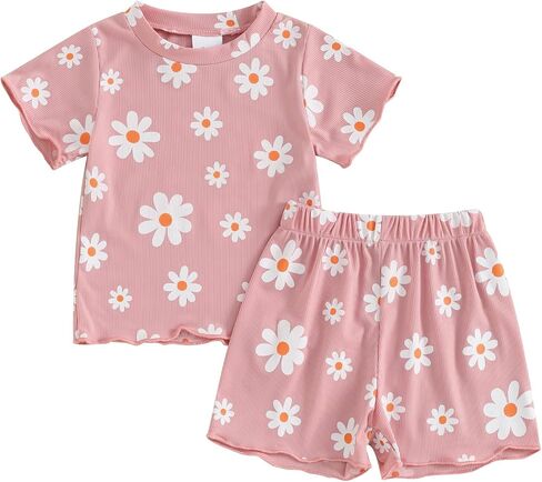 FYBITBO Toddler Baby Girl Clothes 0 3 6 9 12 18 24 Months 2T 3T Summer Outfits Daisy Short Sleeve T-Shirt Top Shorts Set in Saudi Arabia