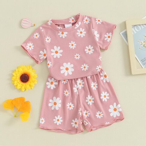 FYBITBO Toddler Baby Girl Clothes 0 3 6 9 12 18 24 Months 2T 3T Summer Outfits Daisy Short Sleeve T-Shirt Top Shorts Set in Saudi Arabia