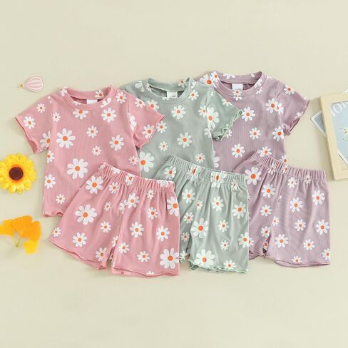 FYBITBO Toddler Baby Girl Clothes 0 3 6 9 12 18 24 Months 2T 3T Summer Outfits Daisy Short Sleeve T-Shirt Top Shorts Set in Saudi Arabia