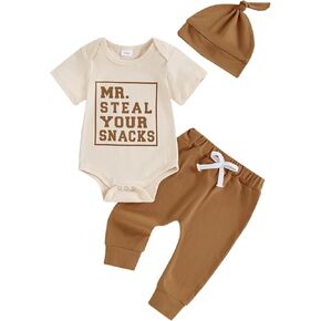 Newborn Baby Boy Clothes Short Sleeve Letter Print Romper and Elastic Waist Pants with Hat Coming Home Outfit