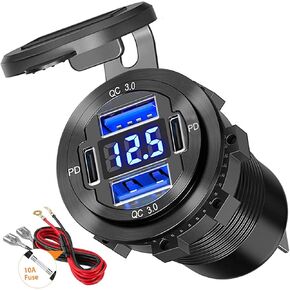 Dual USB Quick Charge 3.0 Port & Dual PD USB C Ports Car Charger Socket, 12V USB Outlet with Voltmeter and Power Switch for Car Boat Marine Truck