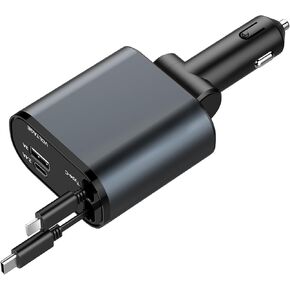 Retractable Car Charger,4 in 1 Fast Charger,Car Adapter with Retractable Cables and Dual USB Ports for Smartphones,Galaxy S23,MacBook Pro,iPad Air,and More