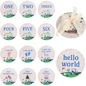 13PCS Golf Baby Shower Wooden Monthly Photo Cards, Sports Theme Newborn Gift for Girls and Boys, Hello World Newborn Photo Booth Props for Golf Pregnancy Announcement Party Decorations