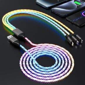 كابل 66 وات LED متدفق متعدد 3 في 1، كابل USB مضيء 4FT RGB LED مضيء سريع الشحن لايتنينج/النوع C/مايكرو USB لهواتف iPhone، iPad، Huawei، Samsung Galaxy، Sony Xperia، الهواتف الذكية التي تعمل بنظام Android