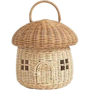 Rattan Storage Basket Mushroom Shaped Woven Basket with Lid, Decorative Woven Handle Basket Fruit Basket, Bathroom Shelf Organizer for Kids Room Living Room Decoration(Mushroom)