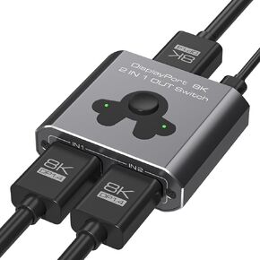 Displayport Switch 2 in 1 Out 8K60Hz 4K144Hz Display Port Switch Displayport Switcher DP 1.4 Switcher Compatible with TVs Monitors Laptops PCs Projectors etc