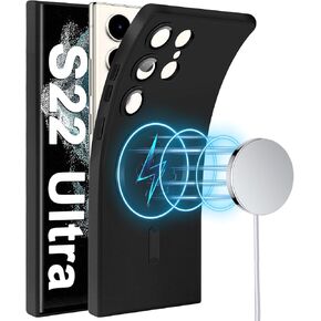 Slim Case for Samsung Galaxy S22 Ultra 5G, [Camera Lens Protector][Mag-Safe] Thin Metal Matte Silicone Soft Rubber S22 Ultra Phone Case, Magnetic Wireless Charging Cover for Samsung S22 Ultra (Black)