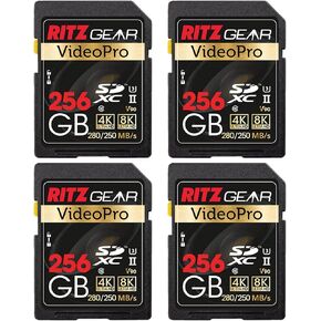 Ritz Gear Video Pro SD UHS-II 256GB SDXC Memory Card 4-Pack U3 V90 A1, Extreme Performance Professional (R 280mb/s 250mb/s W) for Advanced DSLR,Well-Suited for Video, Including 4K,8K, 3D, Full HD