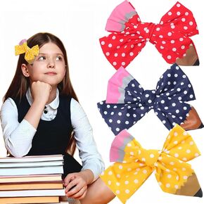 3pcs Back to School Hair Clips Big Bow Pencil Hair Accessories for Girls Cute Stripe Hairpins Yellow Blue Red Alligator Hair Barrettes for School Opens Season Students Teacher Outfit Decor