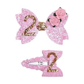Baby 2nd Birthday Pink Bow Hair Clips, Glitter Pink Hair Bows for Toddlers 2 Years Old, Baby Girls 2nd Birthday Decorations Hair Barrettes Pink Bows Sparkly Pink Hair Accessories for Party (1 Pair)