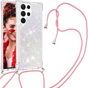 CCSmall Long Crossbody Lanyard Clear Case for Samsung Galaxy S23 Ultra (Not S23) with Adjustable Neck Strap, Glitter Sparkly Bling Quicksand Phone Cover Cases for Samsung S23 Ultra QKG Colorful