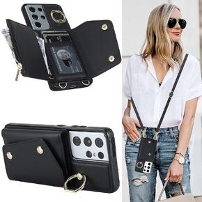 for Samsung Galaxy S21 Ultra (Not S21) Phone Case for Women, Crossbody Wallet Case with Credit Card Holder Lanyard Shockproof Purse Kickstand Case for Samsung Galaxy S21 Ultra.Crossbody Black