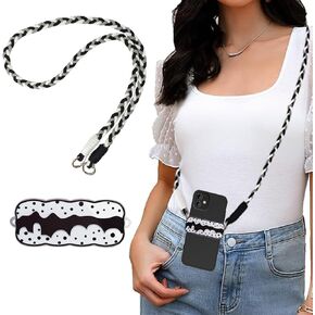 Cute Phone Straps, Cell Phone Lanyard Holder Crossbody Strap Black and White Design, Safety Phone Chain with Clip, Anti-Slip Crossbody Lanyard Phone Tether Neck Straps for Most Smartphones