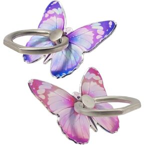 2 Pcs Butterfly Cell Phone Ring Stand Holder, Cute Butterfly Design Finger 360° Rotating Metal Hand Phone Stand Holder, with Adjustable Knob Loop (Purple, Pink)