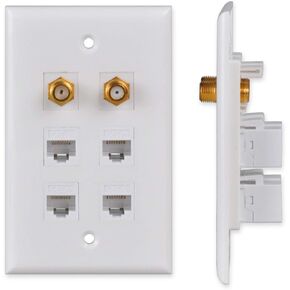Conwork Ethernet & Coax Wall Plate - Cat6 Coax Keystone Wall Plate with 4 RJ45 Ethernet Ports + 2 TV Coax Cable/F-Type Insert Jacks