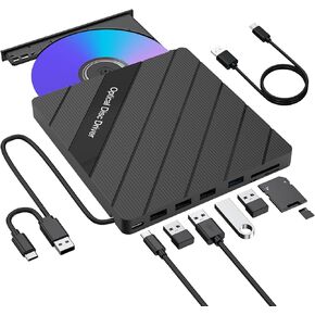 External CD/DVD Drive for Laptop, USB 3.0 Portable External CD Burner Reader Writer with 4 USB Ports/2 TF SD Card Slots/1 USB Type C Port, 8 in 1 Disc Drive for Laptop/PC/Mac/Windows/Linux/OS