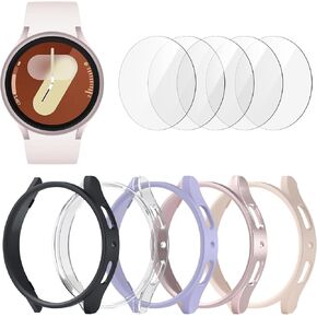 BHARVEST [5+5 Pack] Galaxy Watch 7 40mm Screen Protector, Waterproof Case Protective Cover+Tempered Glass Screen Protector Ultra-Thin Hard PC Guard Bumper For Samsung Galaxy Watch 7 40mm Women