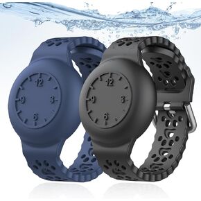 DDJ Waterproof AirTag Bracelet for Kids [2-Pack], Adjustable Air Tag Holder for Kids, airtag Wristband with time Scale and Cute Hollowed Dog Claw Design, Compatible with Apple Airtag (Black/Blue)