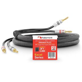 Nakamichi Excel Series 24k Gold Plated Banana Plug with (15 Feet) 12AWG Speaker Cable Wire 99.9% Oxygen-Free Copper (OFC) Heavy Duty Braided for Amplifier Hi-Fi Home Theatre - White (15ft/4.5m)
