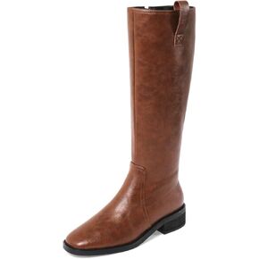 TinaCus Women's Handmade Genuine Leather Round Toe Low Block Heel Side Zip Up Western Style Knee High Riding Boots