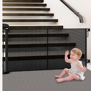 Upgrade Retractable Baby Gate with Reinforced Strips Extends up to 71" Wide 34" Tall Mesh Dog Gate for Stairs, Indoor Outdoor, Sliding Child Safety Gate with Dual Locking for Pets Doorways Hallways