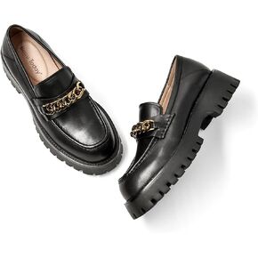 BEAU TODAY Chunky Loafers for Women,Womens Platform Loafer Shoes,Chunky Heel Lug Sole Slip-on Metal Chain Loafers,Comfort Round Toe Business Work Office Shoes