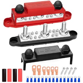 250A Bus Bar 12V Marine 5/16" Power Distribution Block Automotive Busbar Terminal Block,Battery Buss Bar (Pair, Red & Black) 3 x 5/16"Post 10 x #8 Screws Terminals