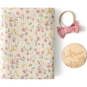 Little Jump Baby Muslin Swaddle Blankets for Girls, Newborn Swaddle Set with Matching Headband Bow, 47 x 47 inches Floral Print Hospital Home-Coming Baby Announcement Blanket.(Floral)