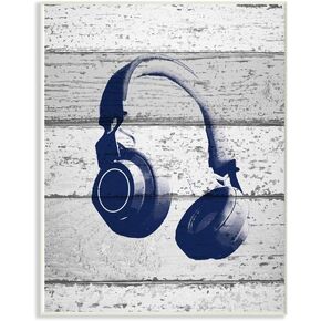 The Kids Room by Stupell Headphones Blue Print on Planks Stretched Canvas Wall Art, 16 x 20, Multi-Colored