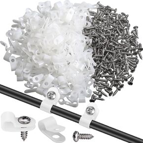 Hicarer 200 Pack R-Type Cable Clip Wire Clamp, Nylon Screw Mounting Cord Fastener Clips with 200 Pack Screws for Wire Management (1/4 Inch)